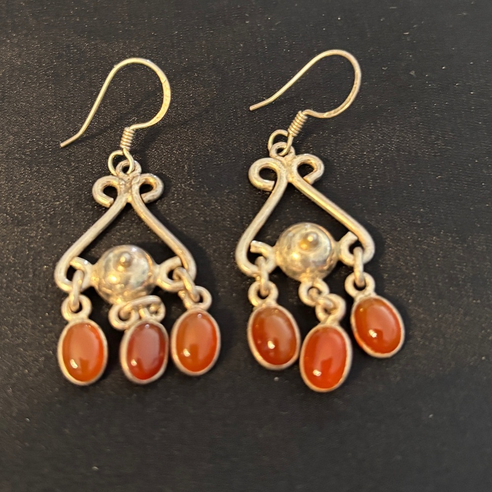 Sterling Silver Carnelian Chandelier Dangle Earrings Vintage Style